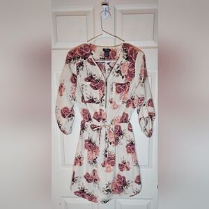 Rue21 White Floral Quarter Zip Dress, Tie Waist - Size Small